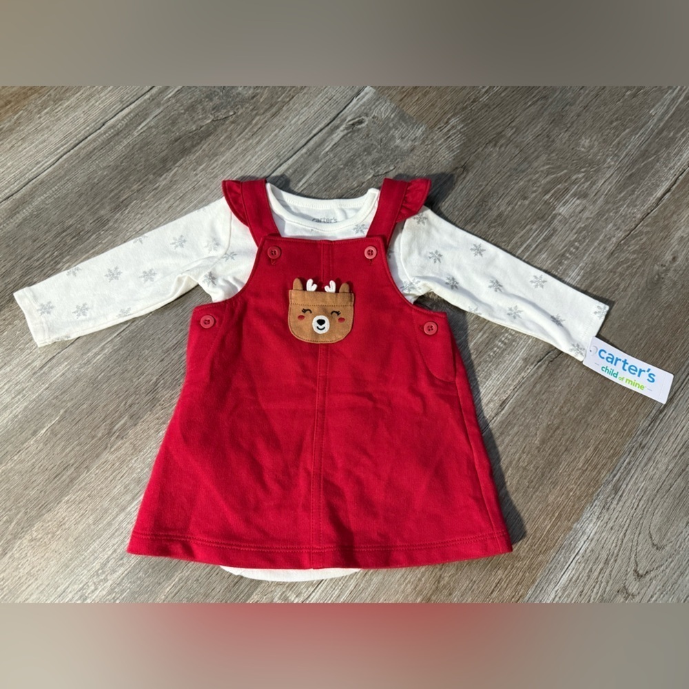 NWT Carters 2 Piece Set Christmas Reindeer Outfit Red Dress Jumper Size 3-6 Mos
